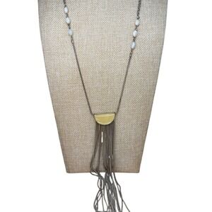 White House Black Market Necklace Silver Pale Yellow Tassel Fringe Long Pendant